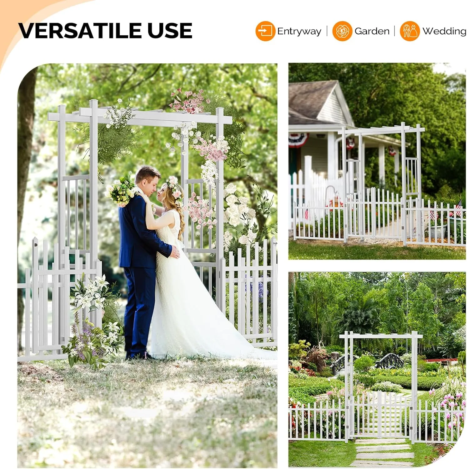 VINGLI Garden Arbor with Gate and Fence, PVC Wedding Arch for Ceremony Party, Garden Trellis for Climbing Plants Outdoor, Arch Backdrop Stand for Garden, Backyard, Lawn, Wedding