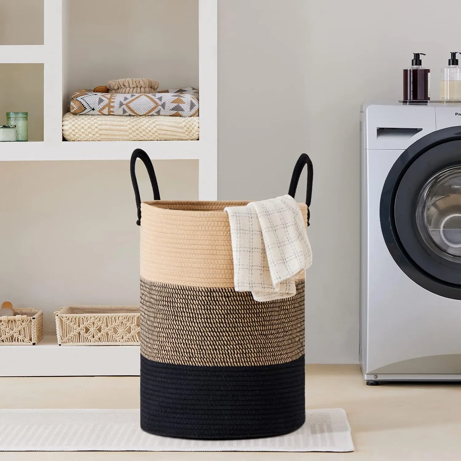 VIPOSCO Large Laundry Hamper, Tall Woven Rope Storage Basket for Blanket, Toys, Dirty Clothes in Living Room, Bathroom, Bedroom - 100L Brown & Black