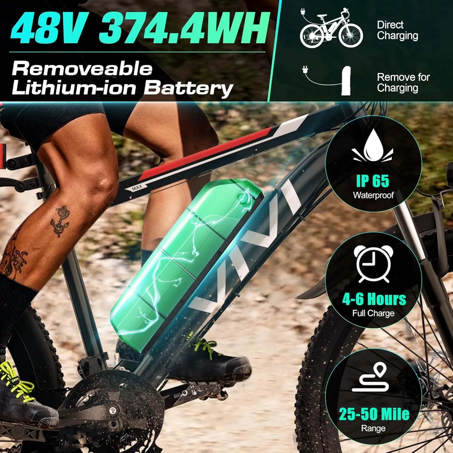 Vivi Electric Bike for Adults 26 Inch 780W Peak Ebike for Adults Removable 48V Battery, Electric Mountain Bike 21 Speed Gears, Electric Bicycle 50 Miles/Pedal Assist, UL 2849 Certified
