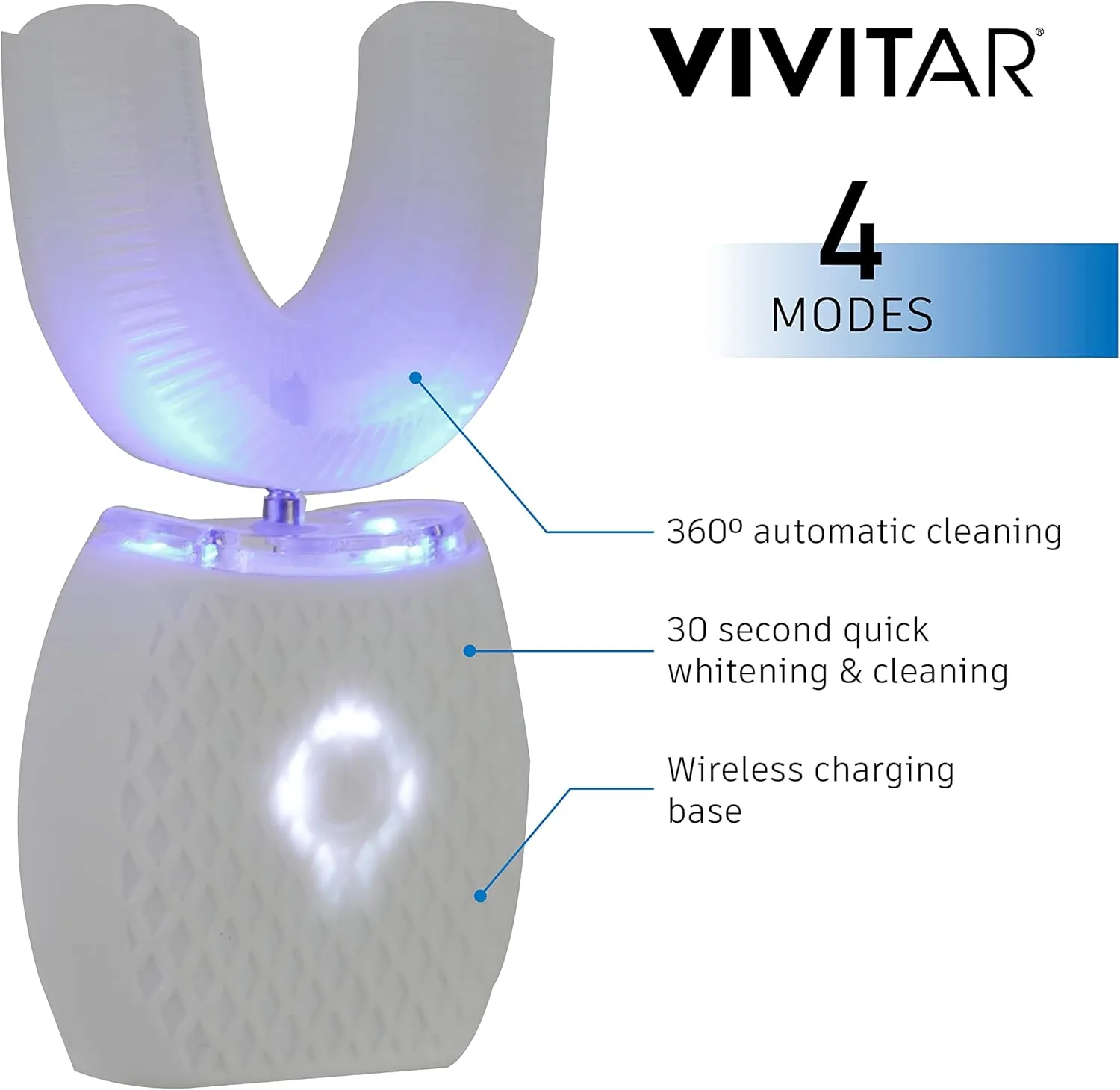 Vivitar Whitening Toothbrush, Ultrasonic U-Shaped Electric Toothbrush for Adults, Automatic, Rechargeable, Washable, and Perfect for Travel and Home Use with 360° Whole Mouth Cleaning, 4 Modes, White