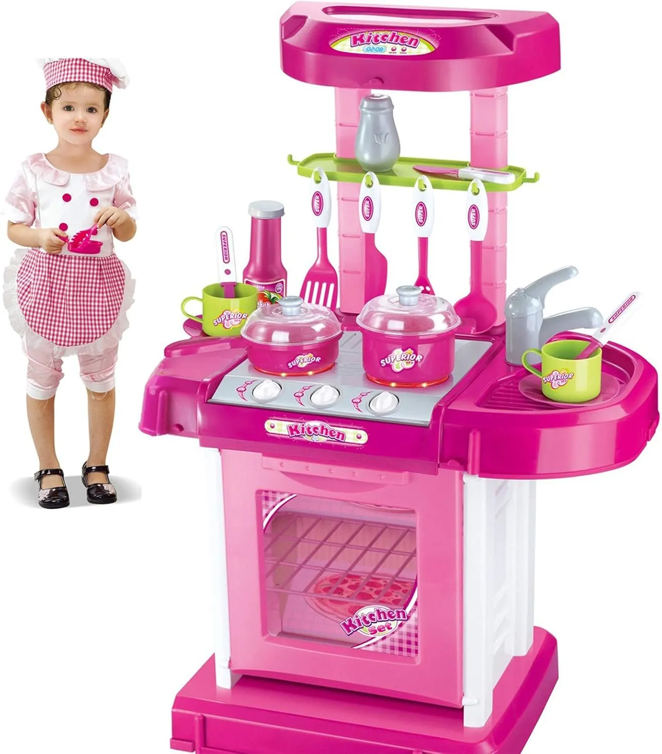 Vokodo Kitchen Playset 26” Height Toy Play Set Kitchens Cocina para Niñas w/Pots Oven Stove Sink Appliances Lights Sounds Pretend Play Toys for Kids Children Girls Toddlers Toddler Ages 2 3 4 5 6 7