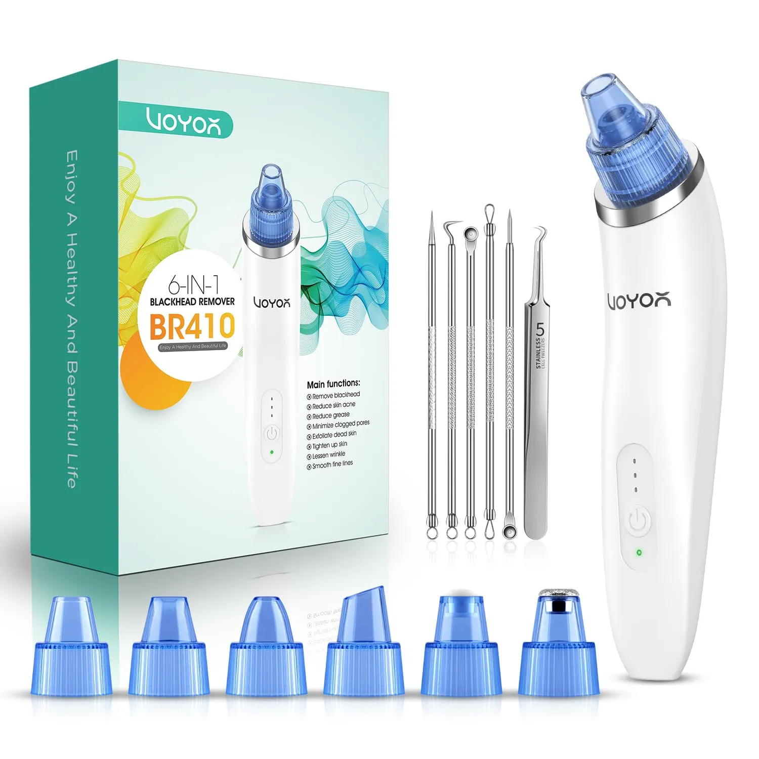VOYOR Blackhead Remover Pore Vacuum - Electric Face Vacuum Pore Cleaner Acne White Heads Removal with 6 Suction Heads (BR410)
