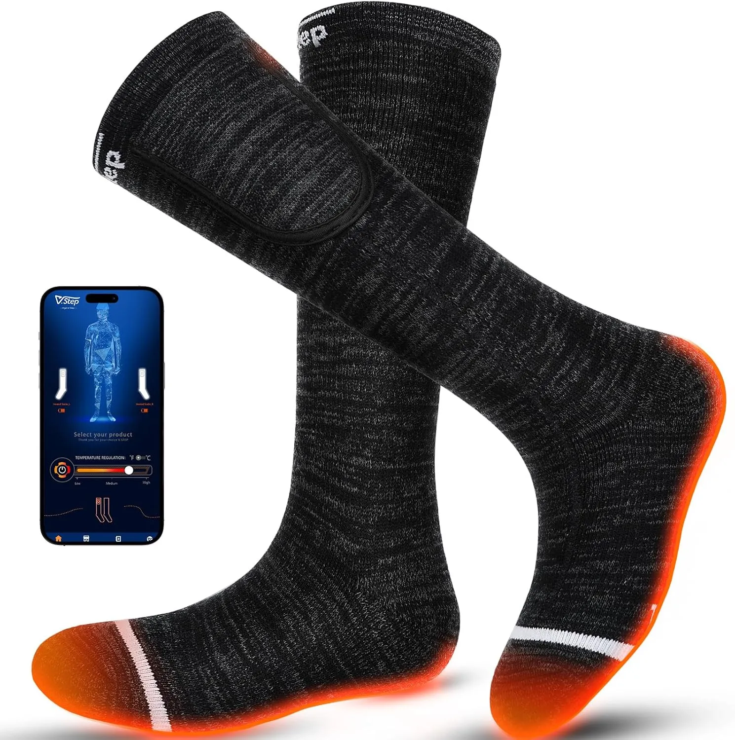 V.Step Heated Socks for Men Women Rechargeable, Wool Heated Socks App Control Battery Foot Warmers Electric Socks for Ski Hunting Motorcycle