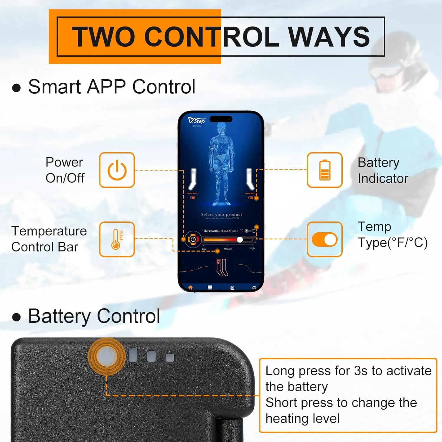 V.Step Heated Socks for Men Women Rechargeable, Wool Heated Socks App Control Battery Foot Warmers Electric Socks for Ski Hunting Motorcycle