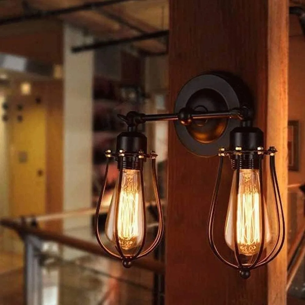 Wall Lamp Industrial Metal Cage Edison Wall Sconce Lamp Black Adjustable Finished Copper Head, Ceiling Light Fixture