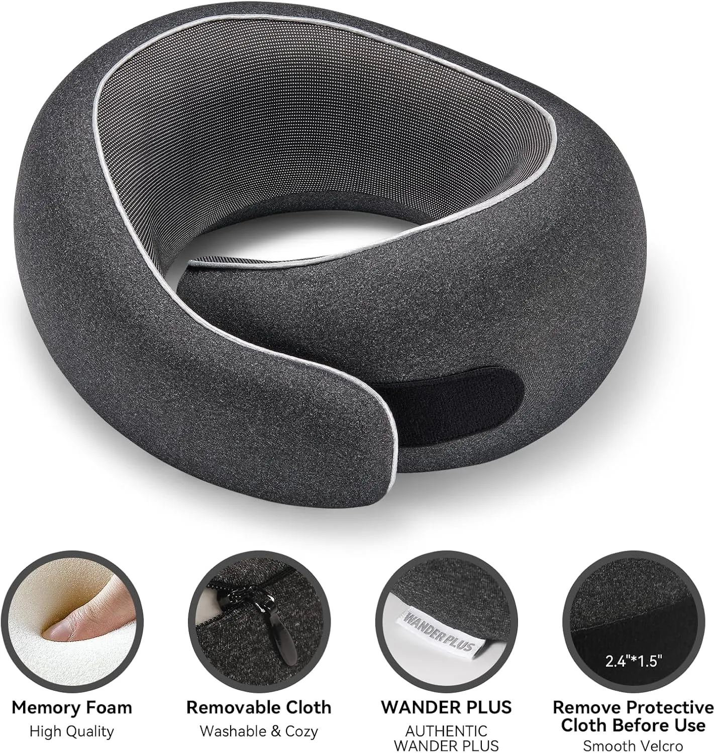 WANDER PLUS® Travel Pillow, 100% Pure Memory Foam Travel Neck Pillow Airplane Neck Support Ergonomic Design Best for Sleeping Plane Car Train Office Flight for Adults Grey
