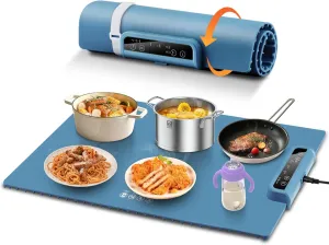 Warming Mat for Food, Full Surface Heating Electric Warming Tray for food, 3-Temperature Settings Portable Food Warming Mat, Auto Shut-Off Rollable Warming Trays for Buffets Party, Gatherings Blue