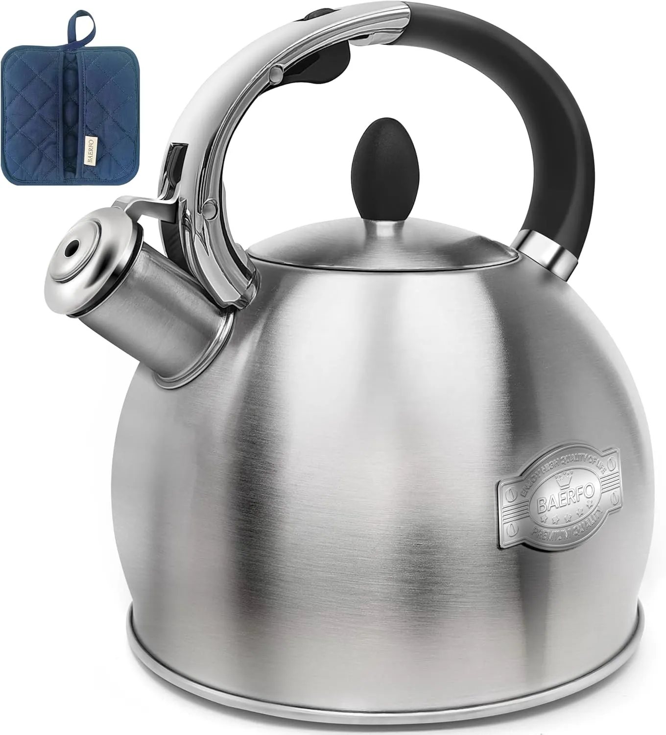 Whistling Tea Kettle Stove Top Kettle,Food-Grade Stainless Steel Teakettle,Vintage-StyleTeapot for Stove,Durable and Rust-Resistant,With a Pot Holder Included,2.64 Quart(Brushed)