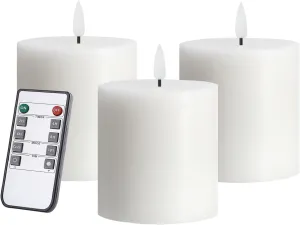 White Flameless Candles Set of 3 (3x3 inch) Real Wax Flickering LED Candles Battery Operated with Remote Control Timers for Fireplace Bedroom Livingroom Party Dimmable Pillars Flat top
