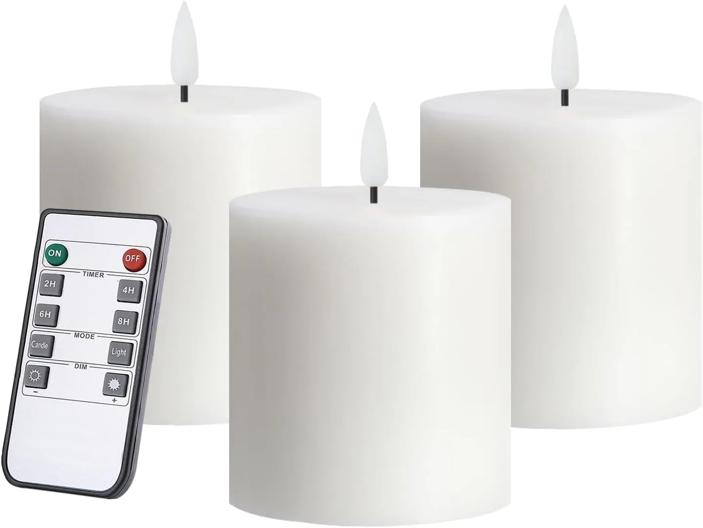 White Flameless Candles Set of 3 (3x3 inch) Real Wax Flickering LED Candles Battery Operated with Remote Control Timers for Fireplace Bedroom Livingroom Party Dimmable Pillars Flat top