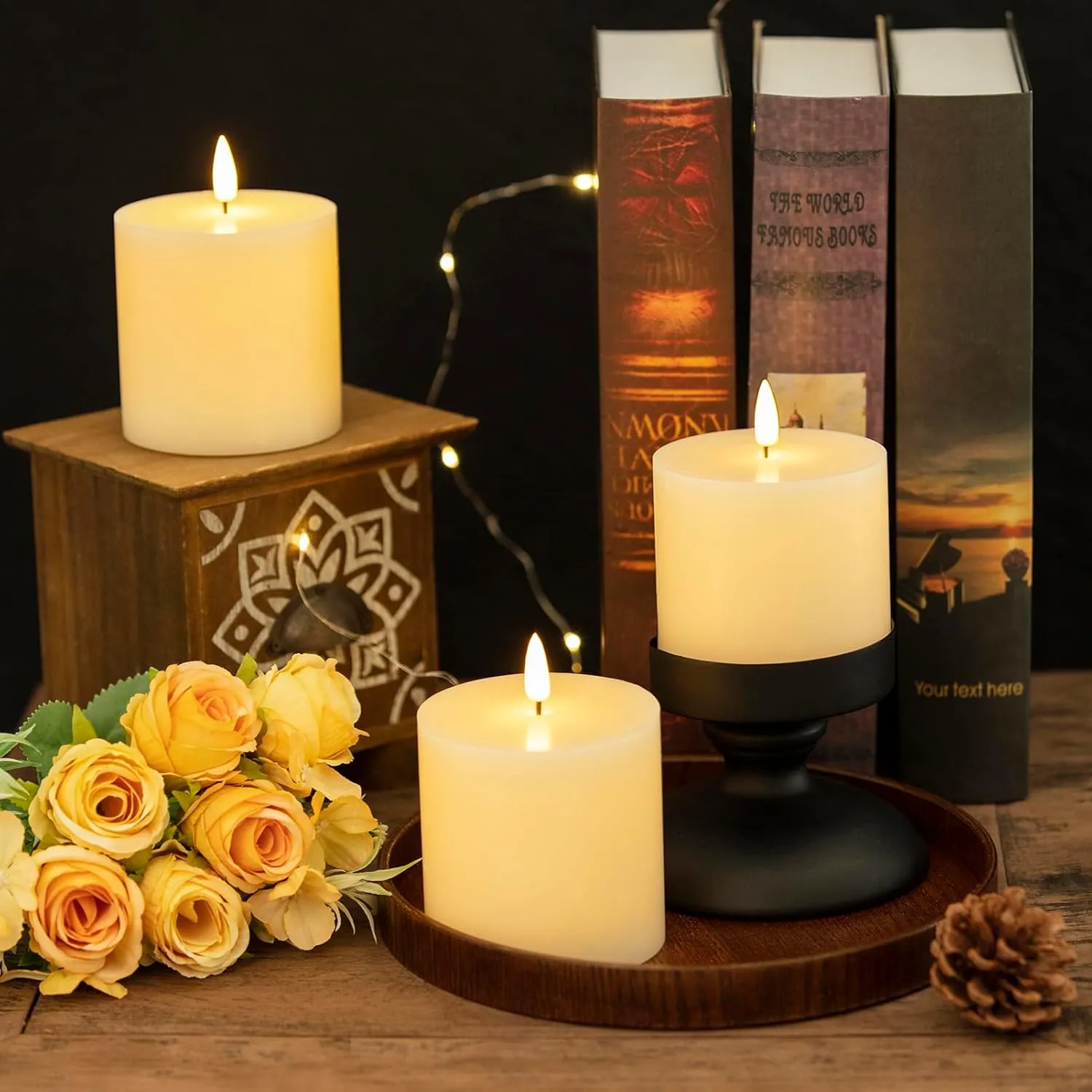 White Flameless Candles Set of 3 (3x3 inch) Real Wax Flickering LED Candles Battery Operated with Remote Control Timers for Fireplace Bedroom Livingroom Party Dimmable Pillars Flat top