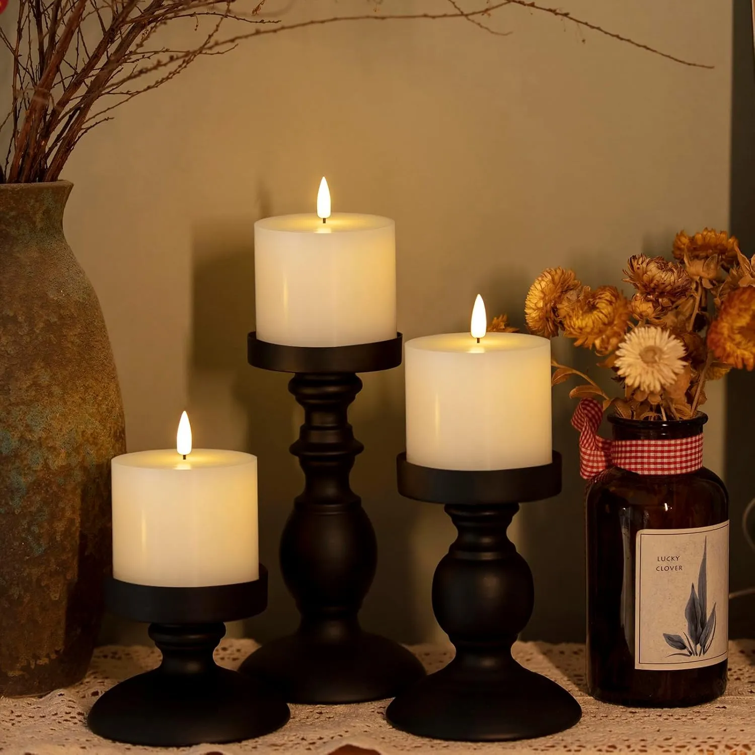 White Flameless Candles Set of 3 (3x3 inch) Real Wax Flickering LED Candles Battery Operated with Remote Control Timers for Fireplace Bedroom Livingroom Party Dimmable Pillars Flat top