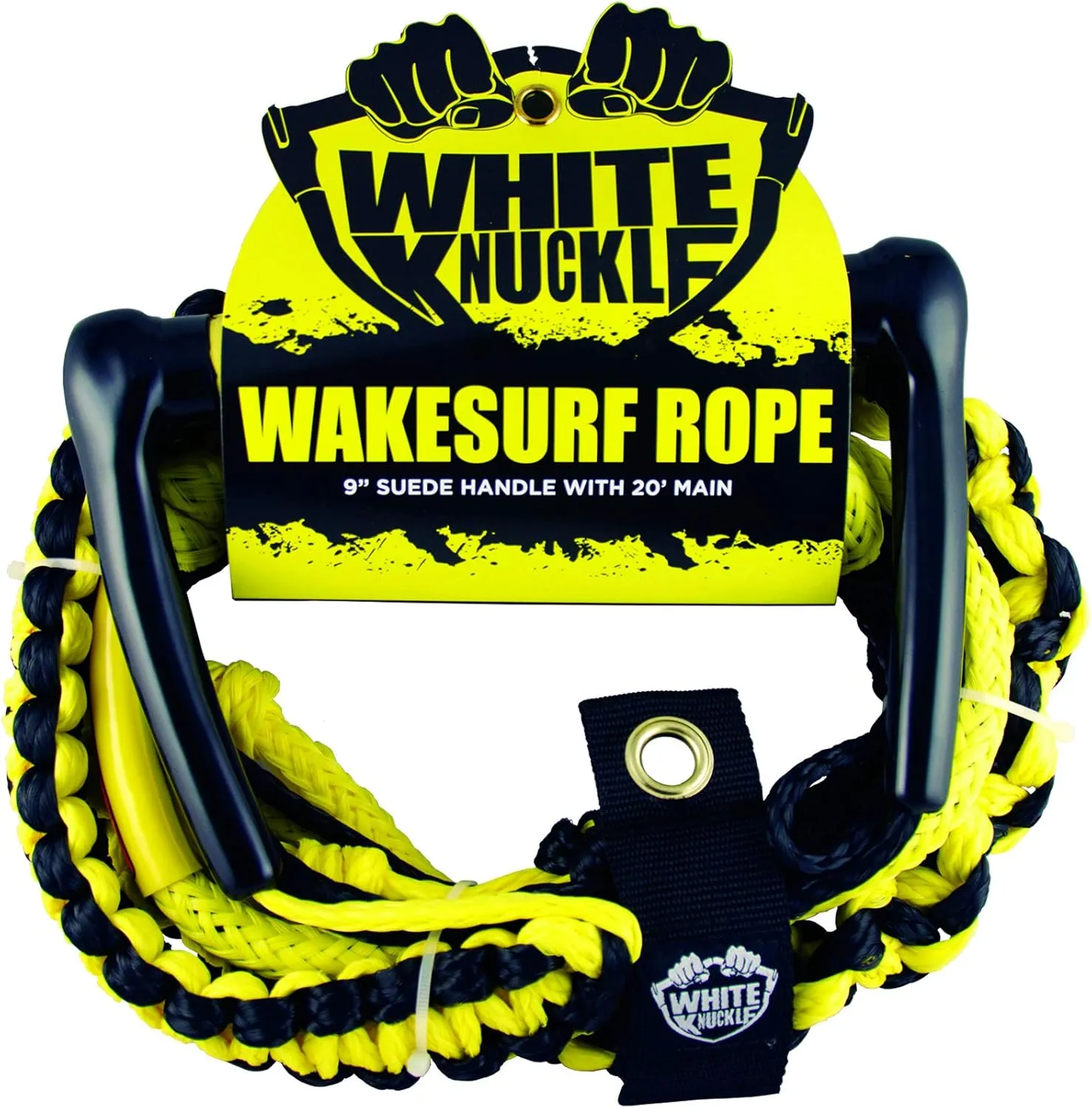 White Knuckle Wakesurfing Rope, 20ft, 1700lb Breaking Capacity, 16 Strands, 9" Suede Grip Handle, Ideal for All Skill Levels