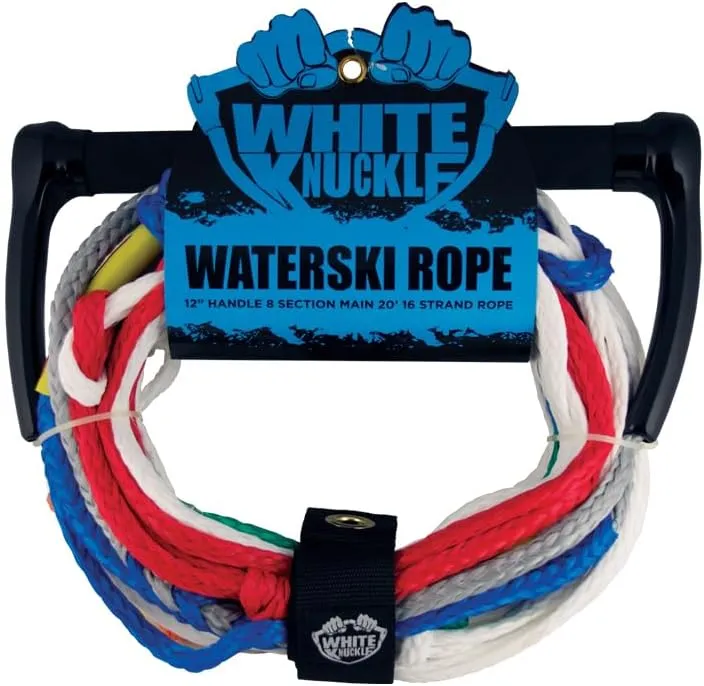 White Knuckle Waterski Rope, 70ft, 8 Section Main, 12" Rubber Grip Handle, 1700lb Breaking Capacity
