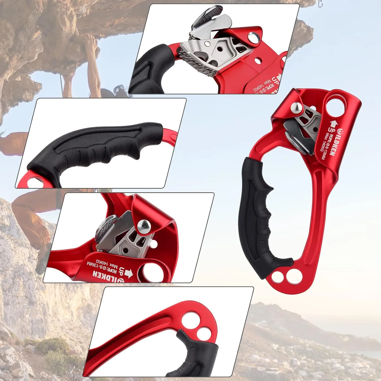 WILDKEN Climbing Hand Ascender Outdoor Mountaineering Tree Arborist Climbing Rappelling Equip Hand Ascender for 8-14MM Rope Left Right Hand Ascender