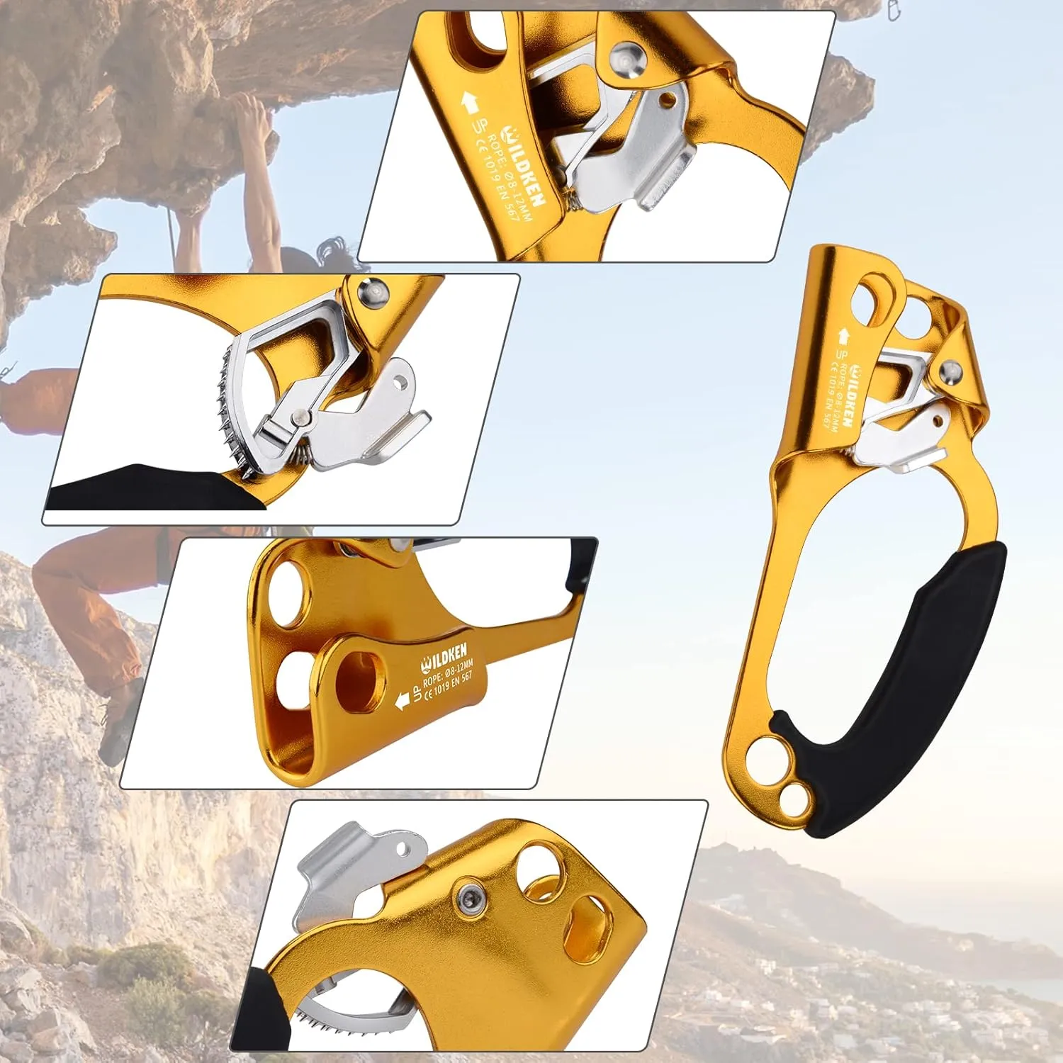 WILDKEN Climbing Hand Ascender Outdoor Mountaineering Tree Arborist Climbing Rappelling Equip Hand Ascender for 8-14MM Rope Left Right Hand Ascender