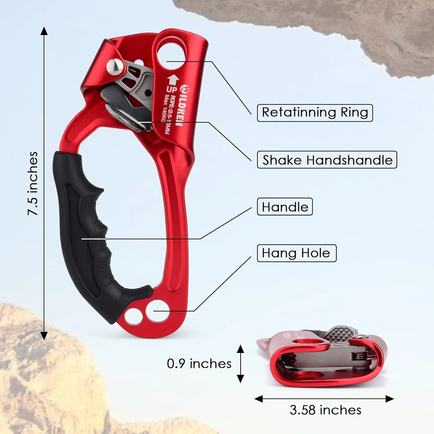 WILDKEN Climbing Hand Ascender Outdoor Mountaineering Tree Arborist Climbing Rappelling Equip Hand Ascender for 8-14MM Rope Left Right Hand Ascender