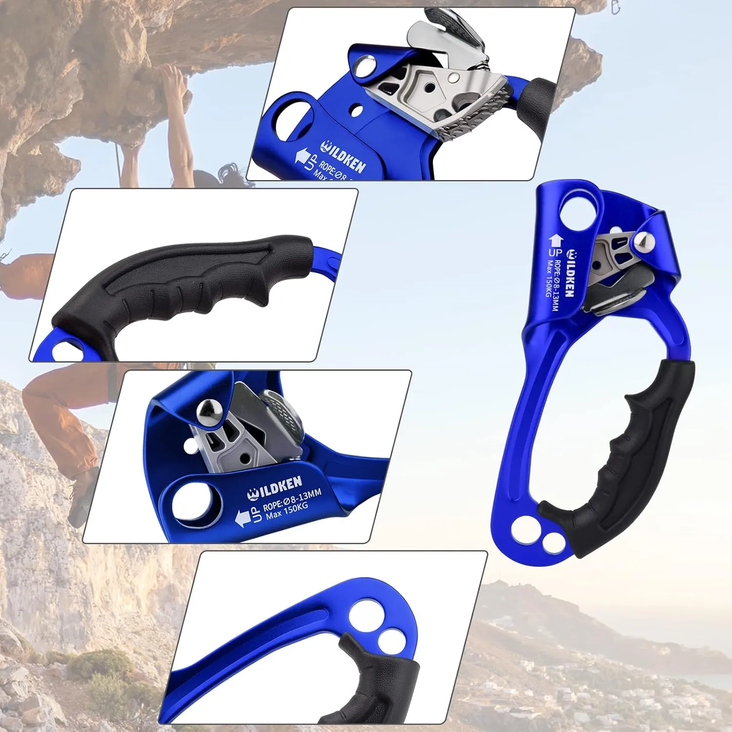 WILDKEN Climbing Hand Ascender Outdoor Mountaineering Tree Arborist Climbing Rappelling Equip Hand Ascender for 8-14MM Rope Left Right Hand Ascender