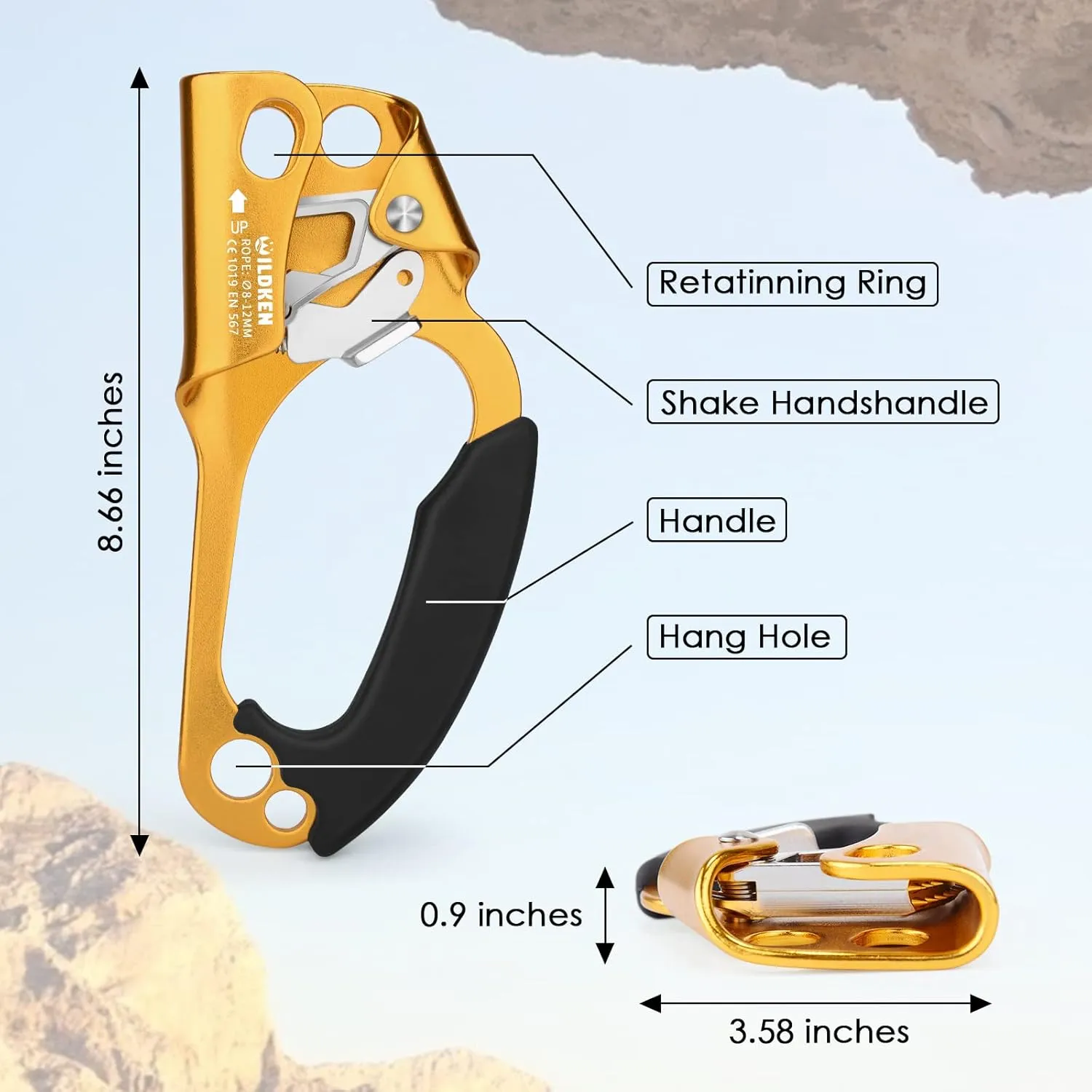 WILDKEN Climbing Hand Ascender Outdoor Mountaineering Tree Arborist Climbing Rappelling Equip Hand Ascender for 8-14MM Rope Left Right Hand Ascender