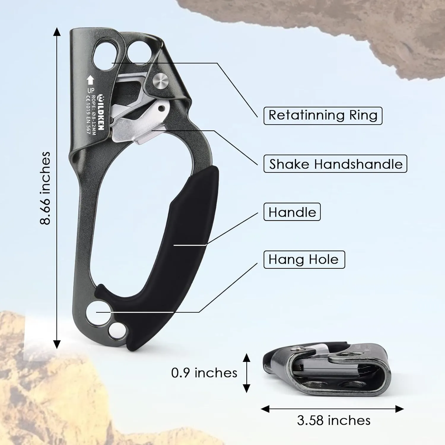 WILDKEN Climbing Hand Ascender Outdoor Mountaineering Tree Arborist Climbing Rappelling Equip Hand Ascender for 8-14MM Rope Left Right Hand Ascender