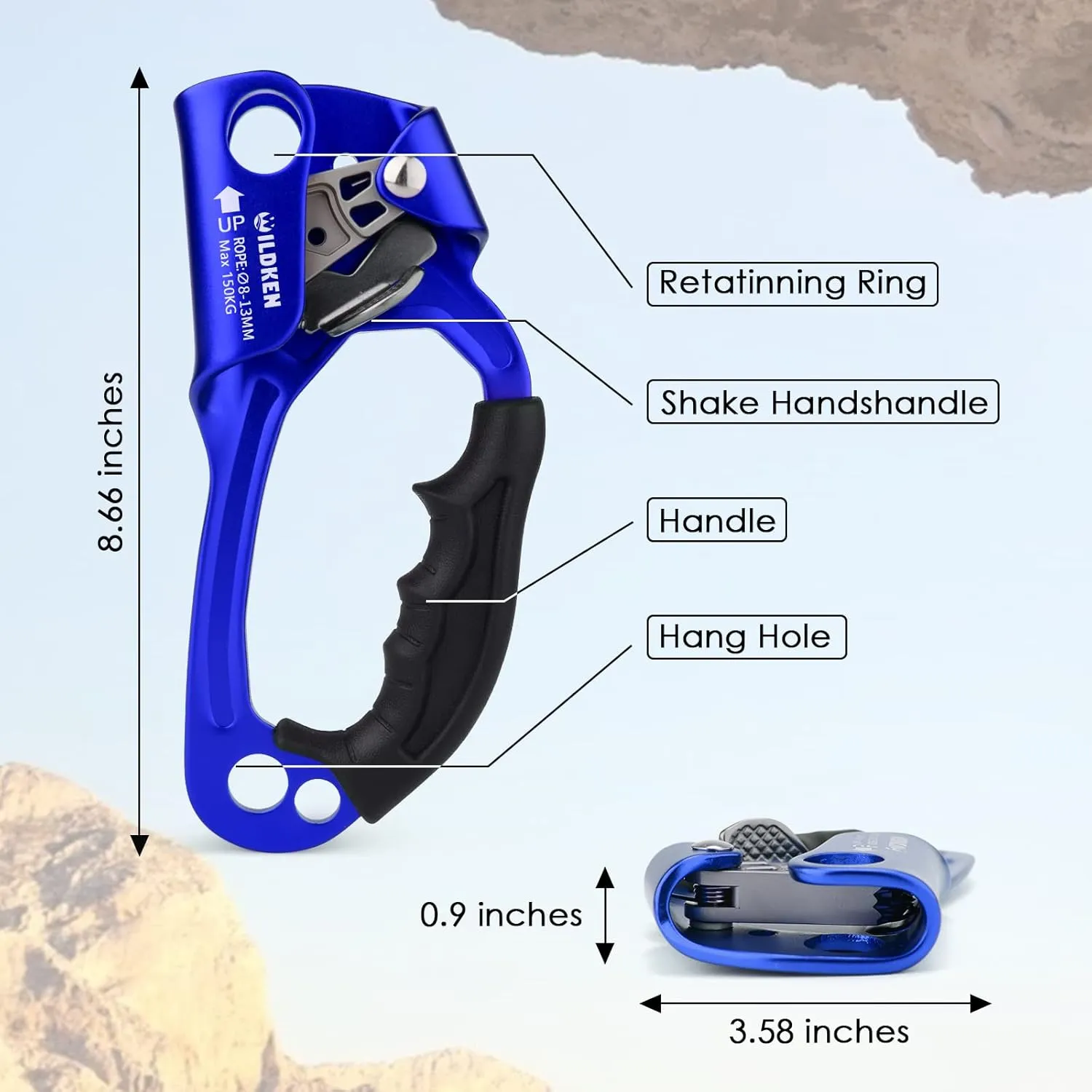 WILDKEN Climbing Hand Ascender Outdoor Mountaineering Tree Arborist Climbing Rappelling Equip Hand Ascender for 8-14MM Rope Left Right Hand Ascender