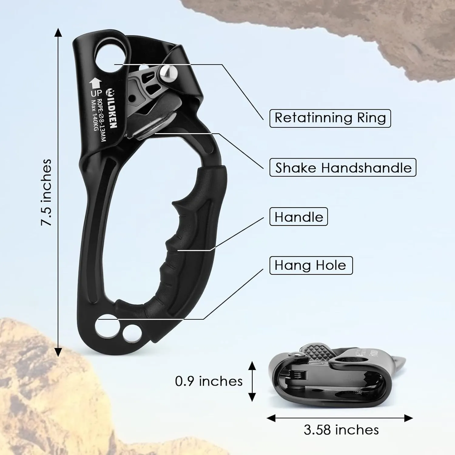 WILDKEN Climbing Hand Ascender Outdoor Mountaineering Tree Arborist Climbing Rappelling Equip Hand Ascender for 8-14MM Rope Left Right Hand Ascender