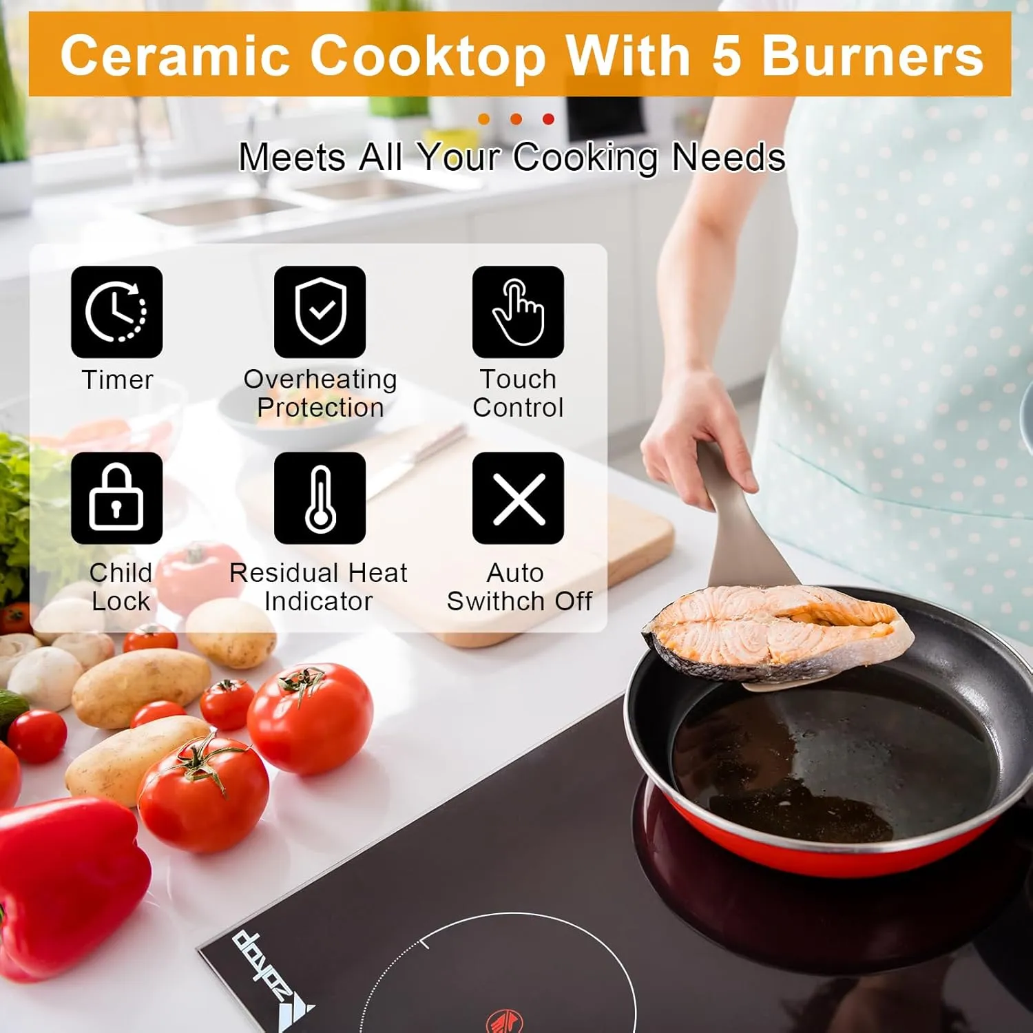 Winado 5 Burners Electric Ceramic Cooktop 30 inch, 220-240V Flat Top Stove, Multi-function Elecric Stove Top w/9 Heating Level, Kid Safety Lock, Sensor Touch Control, Timer Setting 7600W, No Plug