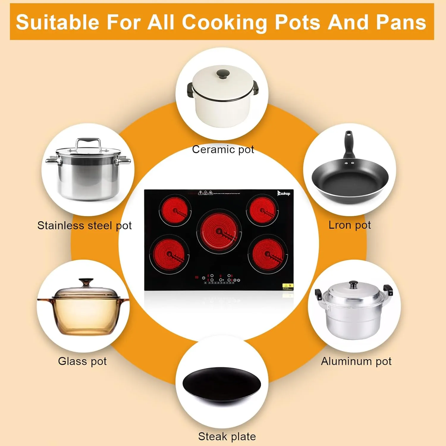 Winado 5 Burners Electric Ceramic Cooktop 30 inch, 220-240V Flat Top Stove, Multi-function Elecric Stove Top w/9 Heating Level, Kid Safety Lock, Sensor Touch Control, Timer Setting 7600W, No Plug