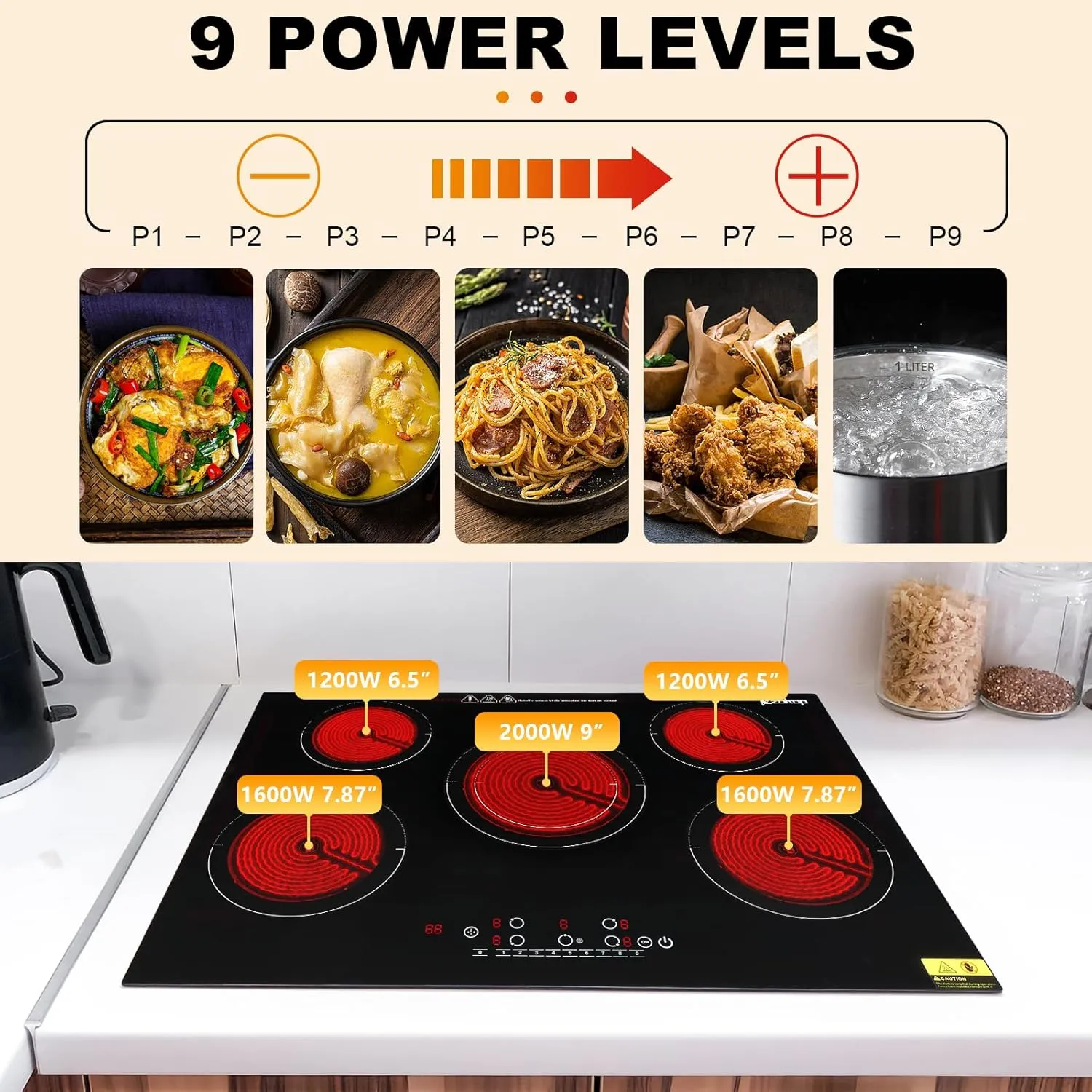 Winado 5 Burners Electric Ceramic Cooktop 30 inch, 220-240V Flat Top Stove, Multi-function Elecric Stove Top w/9 Heating Level, Kid Safety Lock, Sensor Touch Control, Timer Setting 7600W, No Plug