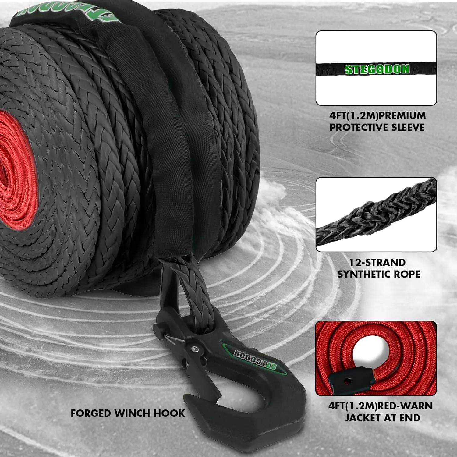 Winch Rope 1/2 in x 85 ft Synthetic Winch Rope Kit,32000 LBS Winch Line Cable with Soft Shackle,Winch Hook and Safety Pull Strap for 4WD Off Road Vehicle Truck (Black)