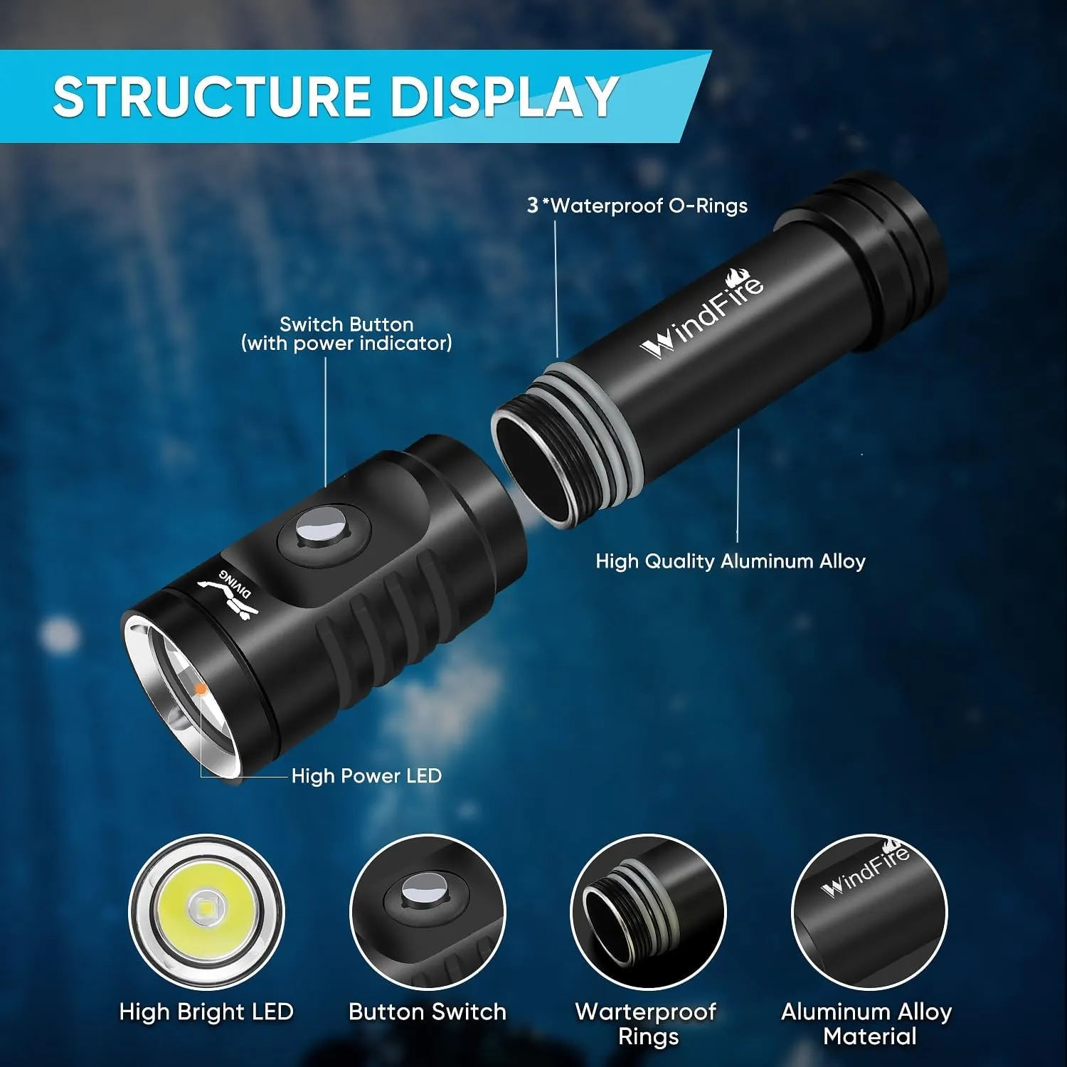 WINDFIRE Dive Light Scuba Diving Flashlight Dive Torch Rechargeable, 3 Modes Underwater Light Waterproof Flashlight, Safety Dive Lights with Power Indicator for Night Diving