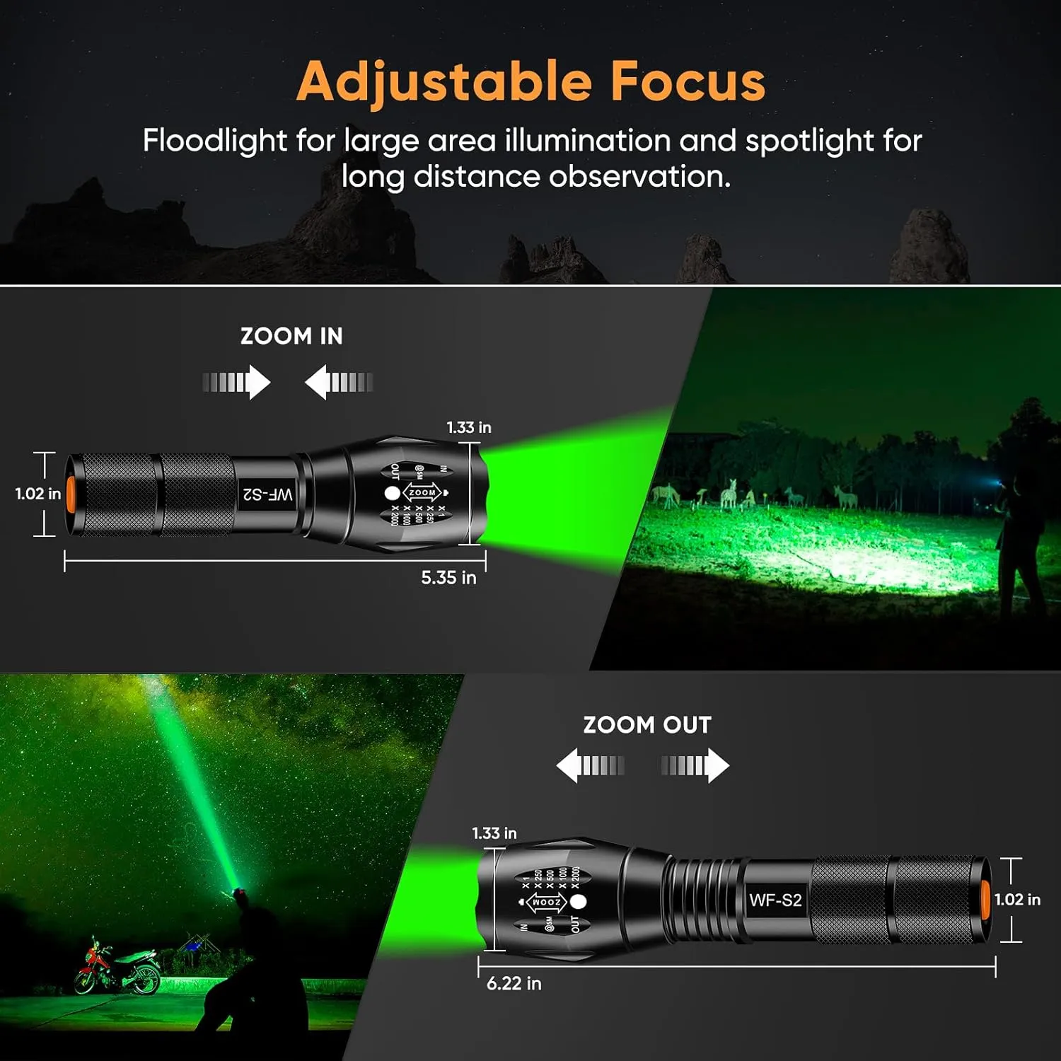 WINDFIRE Green Light for Hunting, Green Light Single Mode Flashlight, Zoomable Hog Coyote Varmint Light Predator Light Green Light Torch for Fifle Fishing Hunting Observation, Medium, A100-GN