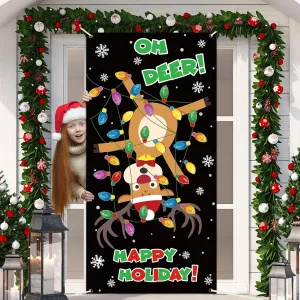 Wiooffen Christmas Door Cover Decoration Classroom Christmas Reindeer Hanging Banner Xmas Backdrop Background for Kids Winter Holiday School Decor Outdoor Indoor Party Supplies(Oh Deer Happy Holiday)
