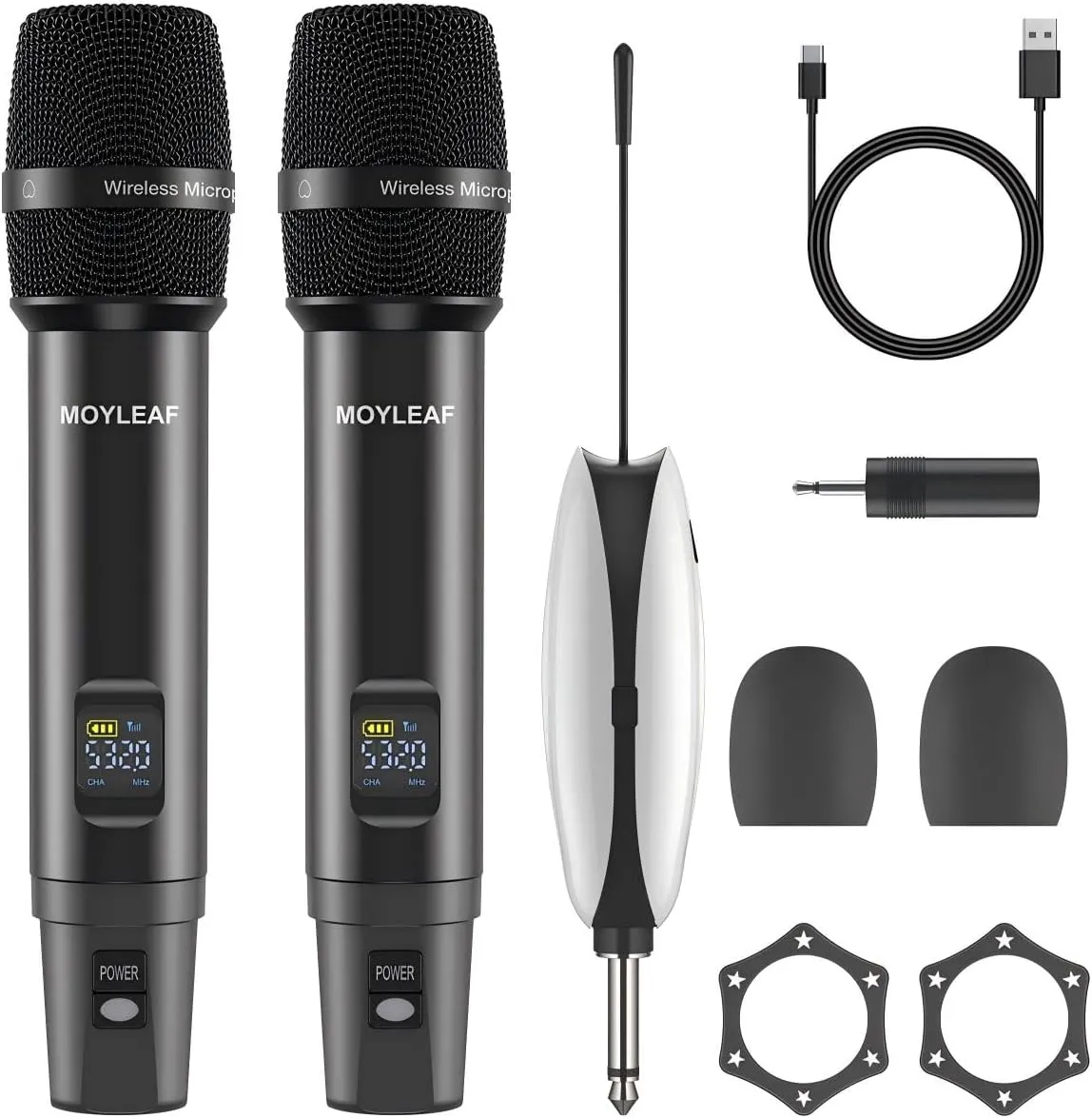 Wireless Microphones, UHF Metal Dual Handheld Cordless Dynamic Mic System with Rechargeable Receiver, 1/4 "Output for Karaoke Singing, Wedding, DJ, Party, Speech, Church, Class Use, 240ft