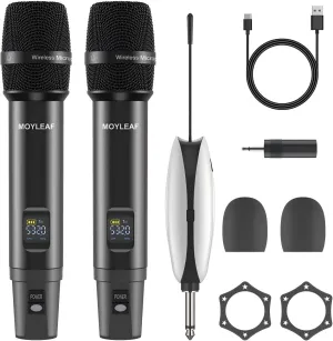 Wireless Microphones, UHF Metal Dual Handheld Cordless Dynamic Mic System with Rechargeable Receiver, 1/4 "Output for Karaoke Singing, Wedding, DJ, Party, Speech, Church, Class Use, 240ft
