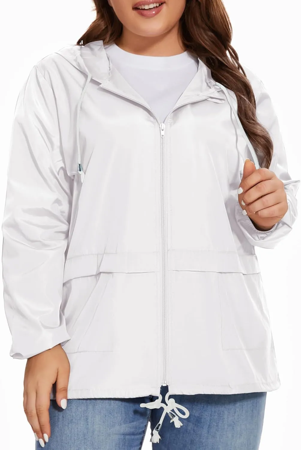 Women Plus Size Raincoat Lightweight Waterproof Windbreaker Packable Outdoor Hooded Rain Jacket