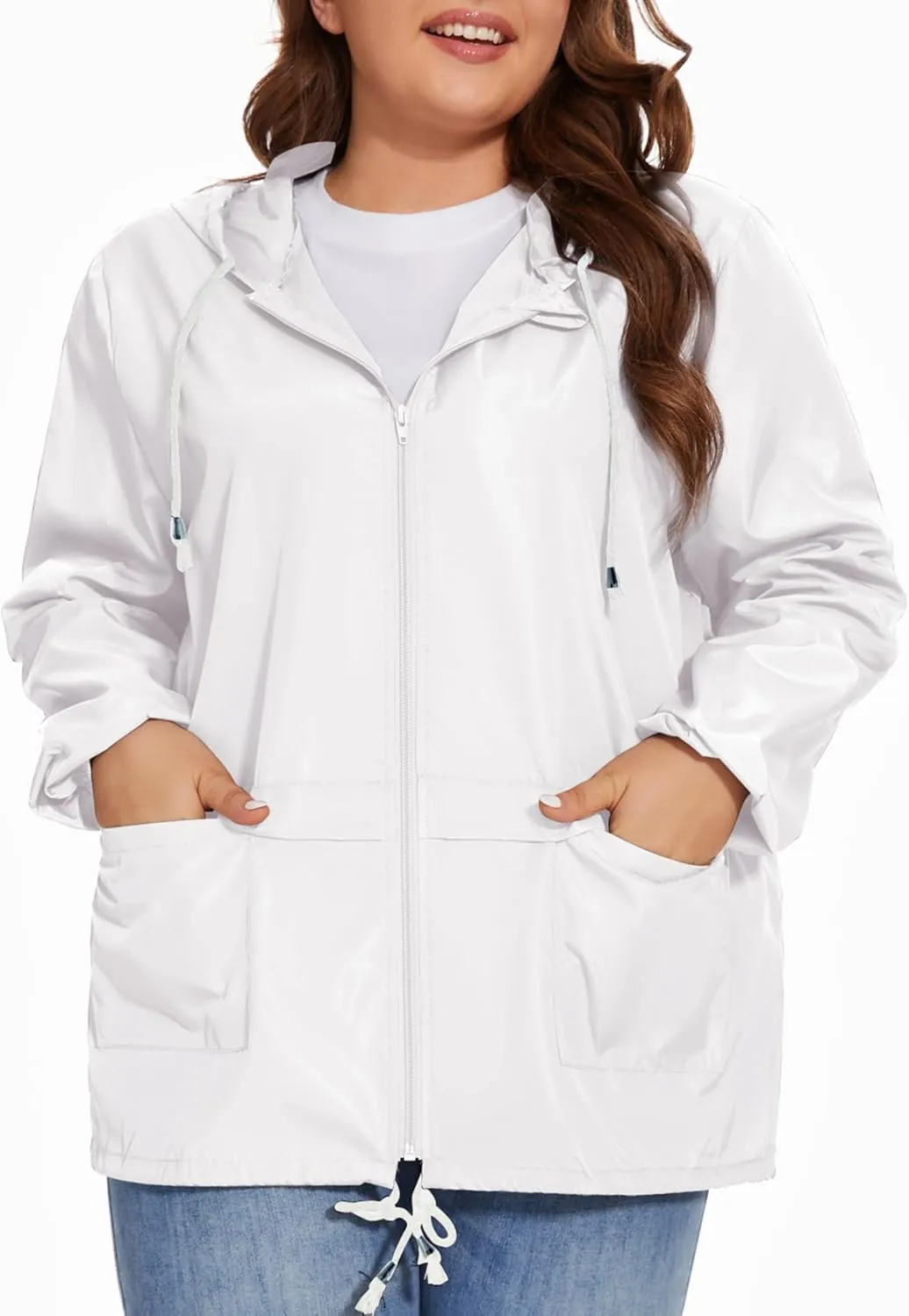 Women Plus Size Raincoat Lightweight Waterproof Windbreaker Packable Outdoor Hooded Rain Jacket