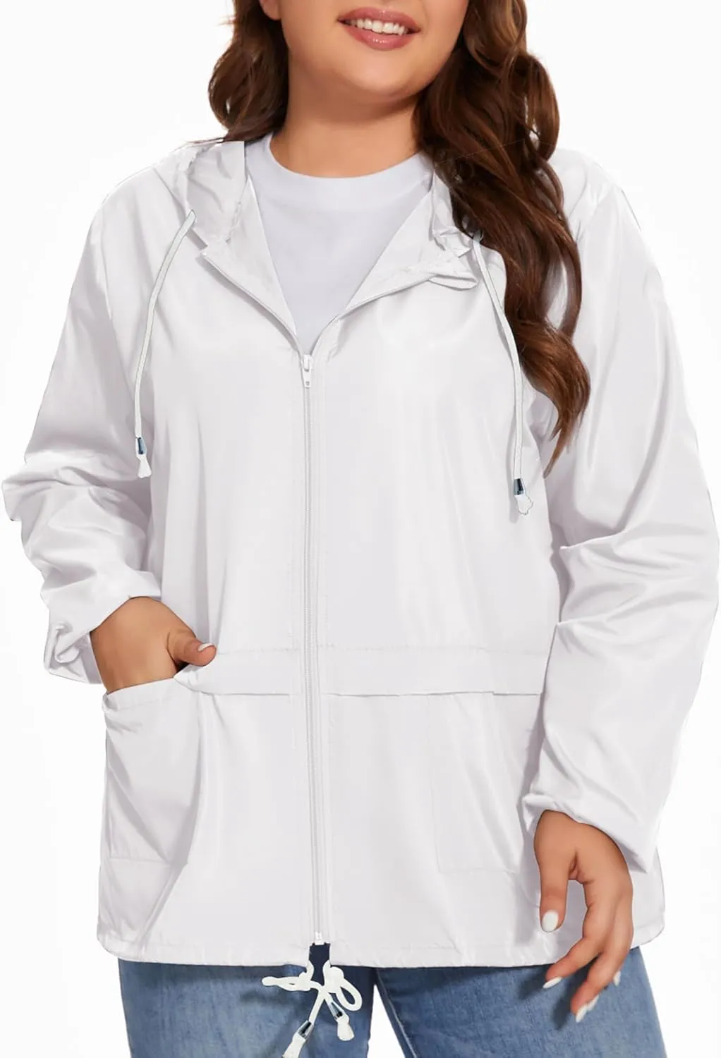 Women Plus Size Raincoat Lightweight Waterproof Windbreaker Packable Outdoor Hooded Rain Jacket