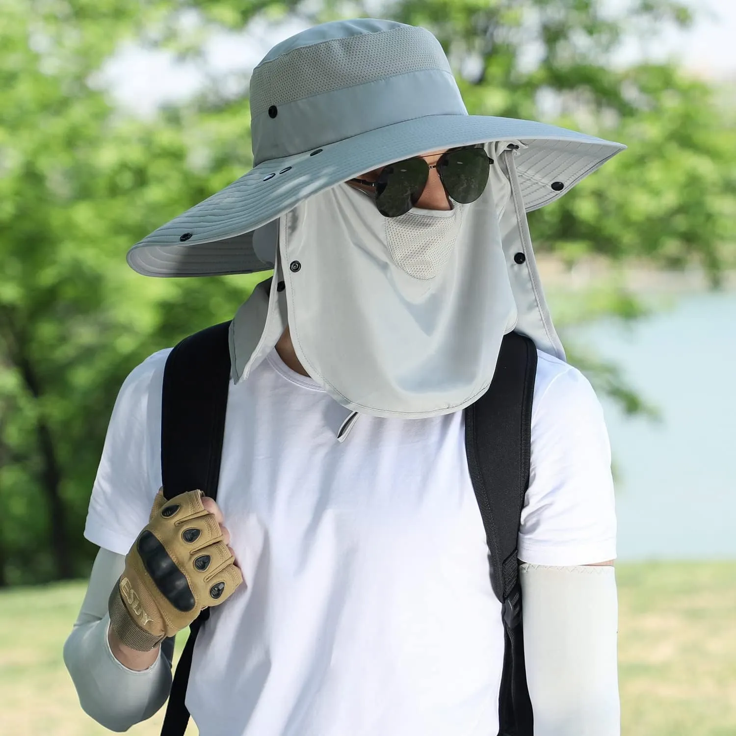 Women Wide Brim Face Mask Sun Hat Detachable Neck Face Flap Ponytail UV Protection Visor Hat Garden Fishing Hiking