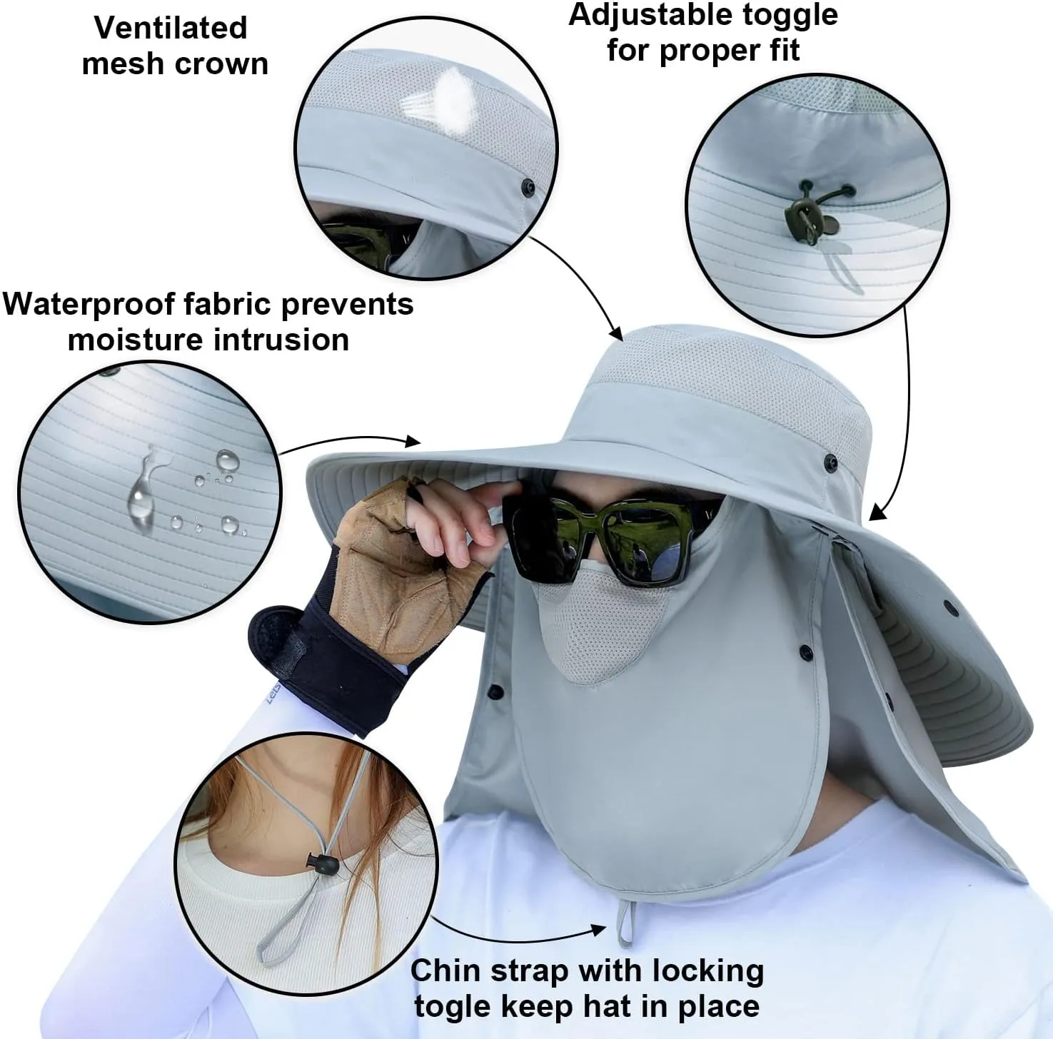 Women Wide Brim Face Mask Sun Hat Detachable Neck Face Flap Ponytail UV Protection Visor Hat Garden Fishing Hiking