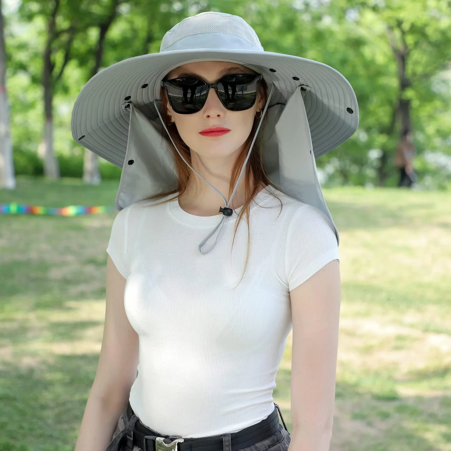 Women Wide Brim Face Mask Sun Hat Detachable Neck Face Flap Ponytail UV Protection Visor Hat Garden Fishing Hiking