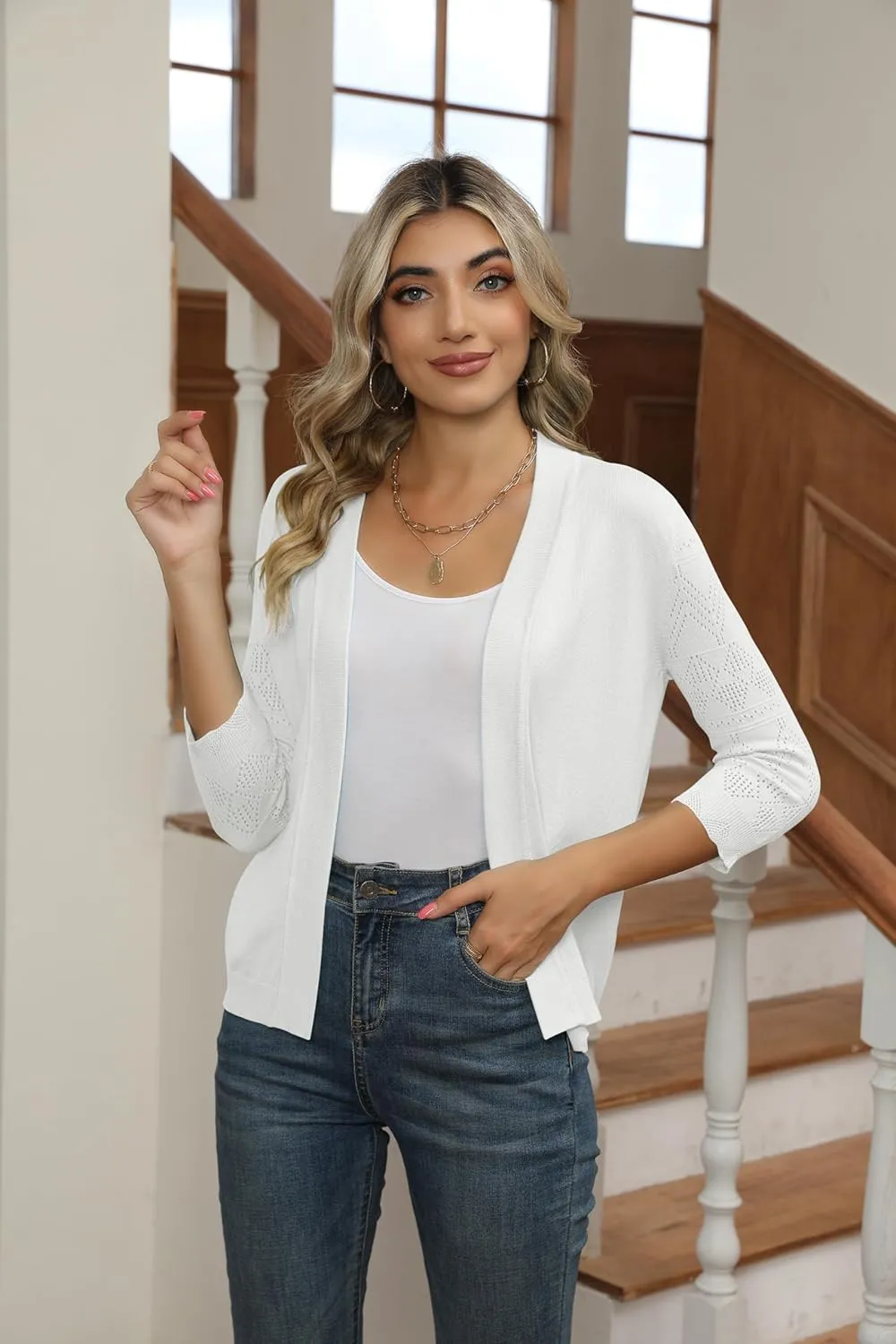 Women's Cropped Cardigans Shrugs for Dresses 3/4 Sleeve Lightweight Hollow Out Crochet Knit Sweater Tops