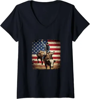 Womens Rodeo Bull Rider Patriotic Cowboy USA Flag V-Neck T-Shirt