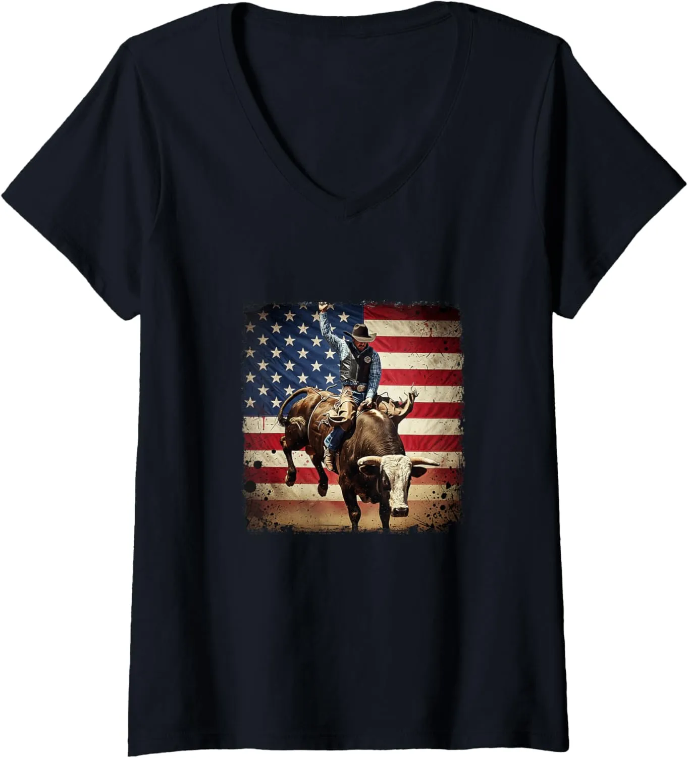 Womens Rodeo Bull Rider Patriotic Cowboy USA Flag V-Neck T-Shirt