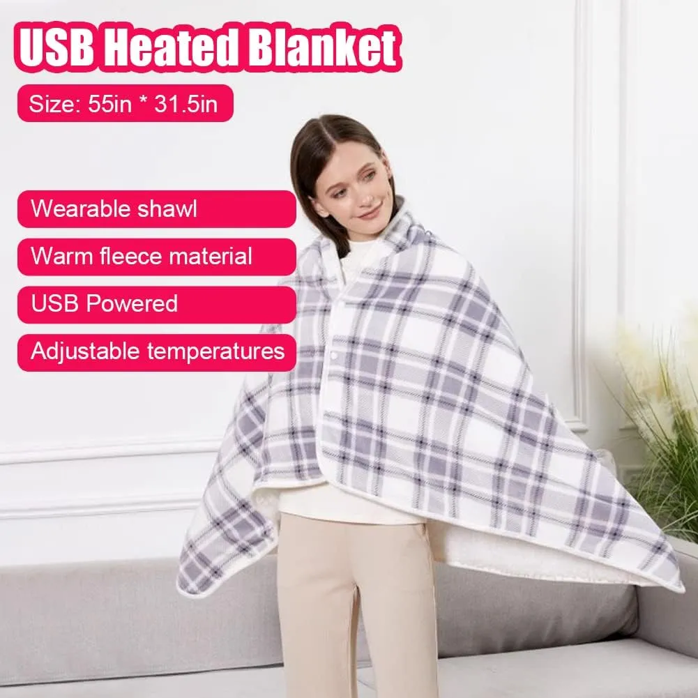 WOOLALA USB Plaid Heated Shawl Blanket, Wearable Fleece Electric Heating Blanket with Snap Closure 3 Temperature Settings for Home Office Outdoor, Machine Washable (55 * 31.5in)