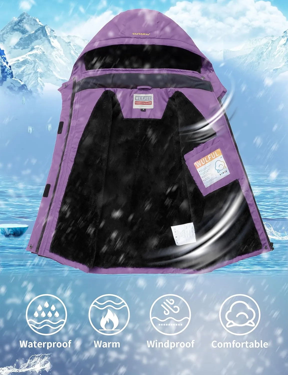 WULFUL Girl's Waterproof Ski Jacket Warm Fleece Hooded Winter Snow Coat