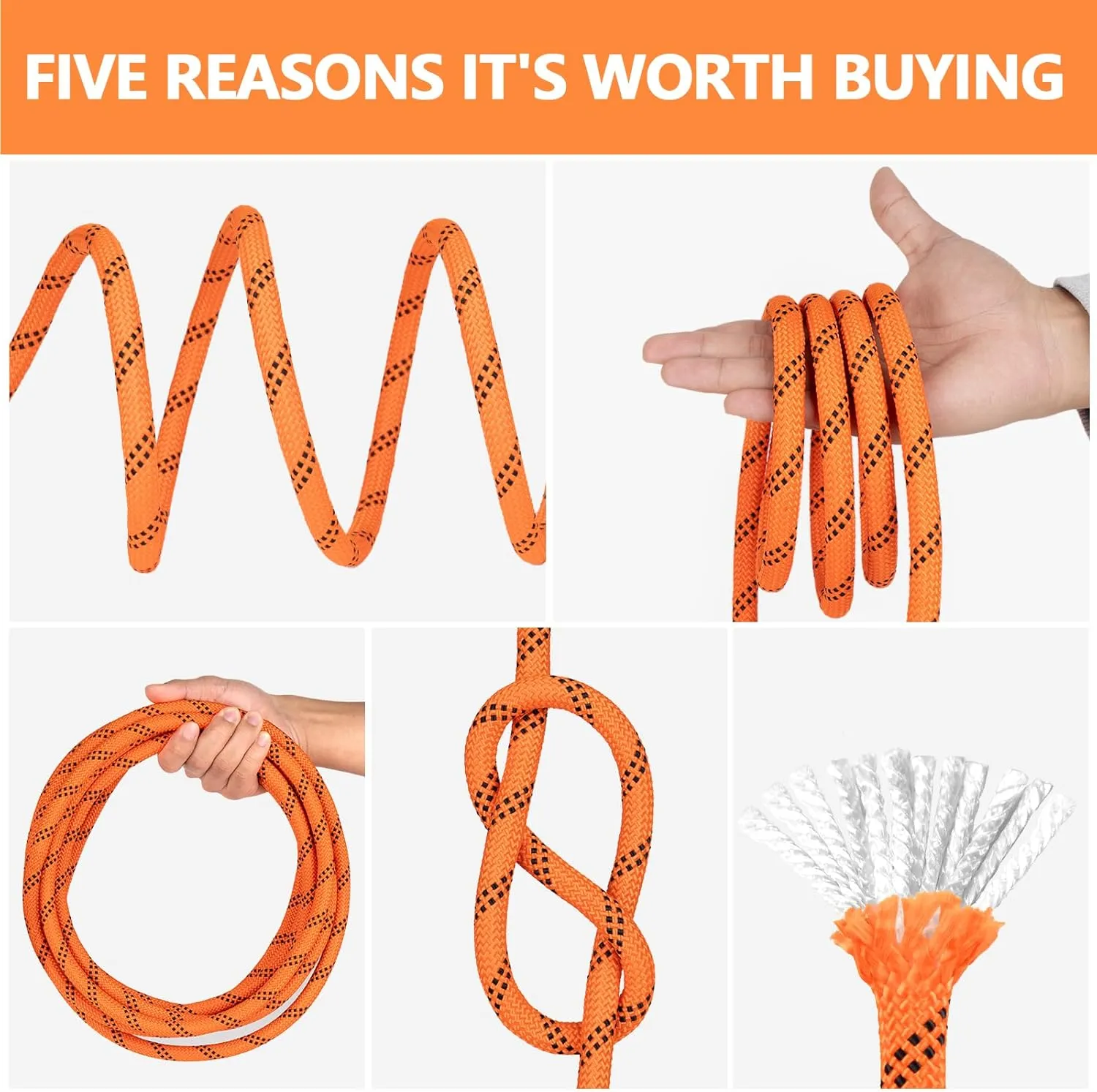 X XBEN Braided Polyester Arborist Rope 1/2 inch X 120ft, 48 Strands, 12 Inner core,5174 LBS Breaking Strength Outdoor Ropes, Arborist Rigging Rope for Rock Hiking Camping Swing Tree Rescue,Orange