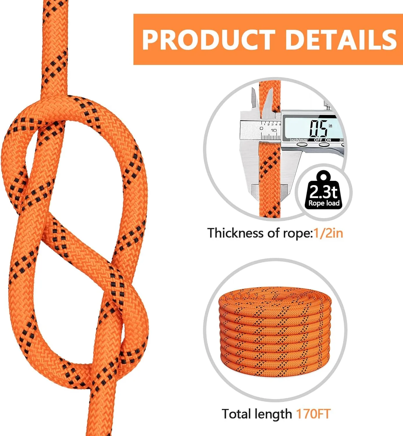 X XBEN Braided Polyester Arborist Rope 1/2 inch X 170ft, 48 Strands, 12 Inner core,5174 LBS Breaking Strength Outdoor Rope, Arborist Rigging Rope for Rock Hiking Camping Swing Tree Rescue,Orange