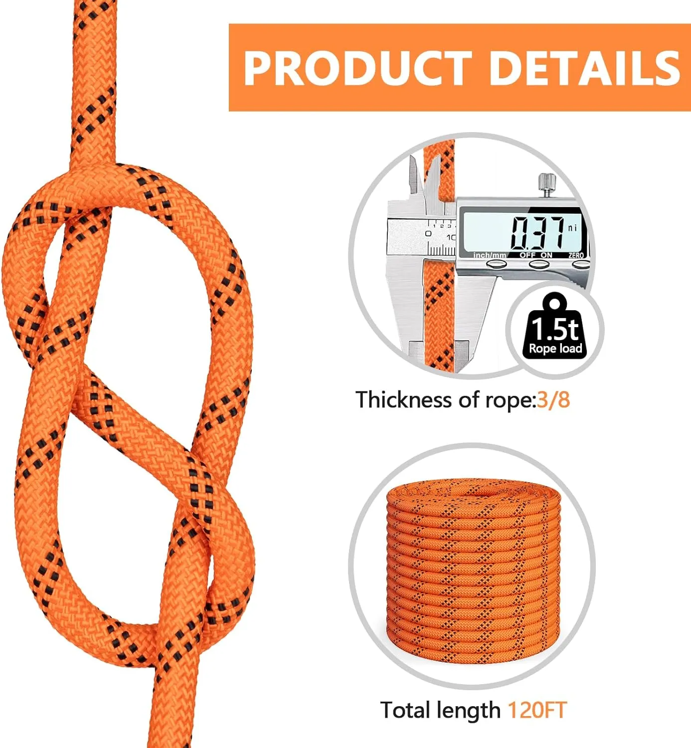 X XBEN Braided Polyester Arborist Rope 3/8 inch X 120ft, 48 Strands, 3430 LBS Breaking Strength Outdoor Rope, Arborist Rigging Rope for Rock Hiking Camping Swing Tree Rescue, Orange