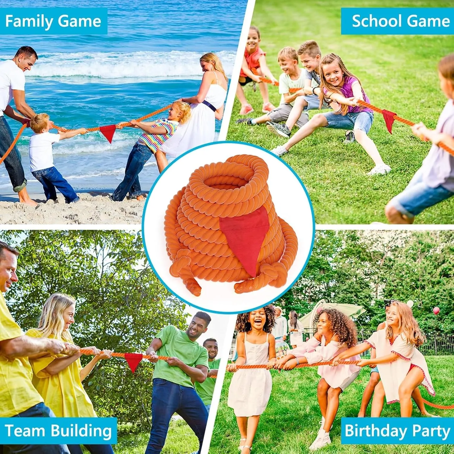 X XBEN Tug of War Rope with Flag for Kids 20FT, Teens and Adults, Soft Cotton Rope Games for Team Building Activities, Family Reunion, Birthday Party